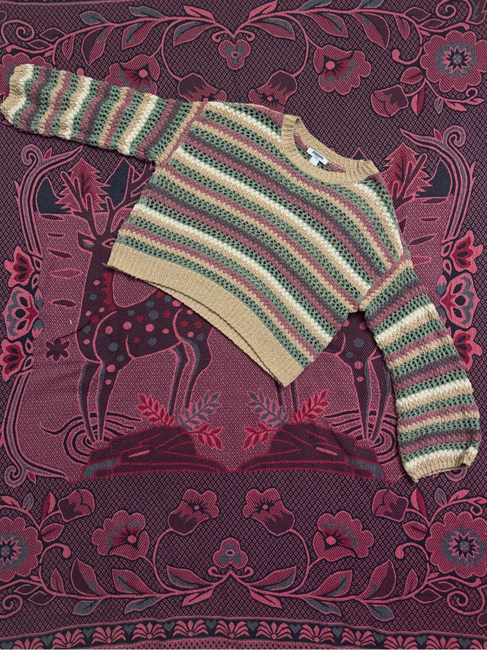 RSQ Cropped Striped Crochet Sweater in Beige, Green & Pink
